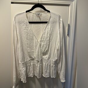 Express White Long Sleeve Blouse - cross waist - peplum - v neck